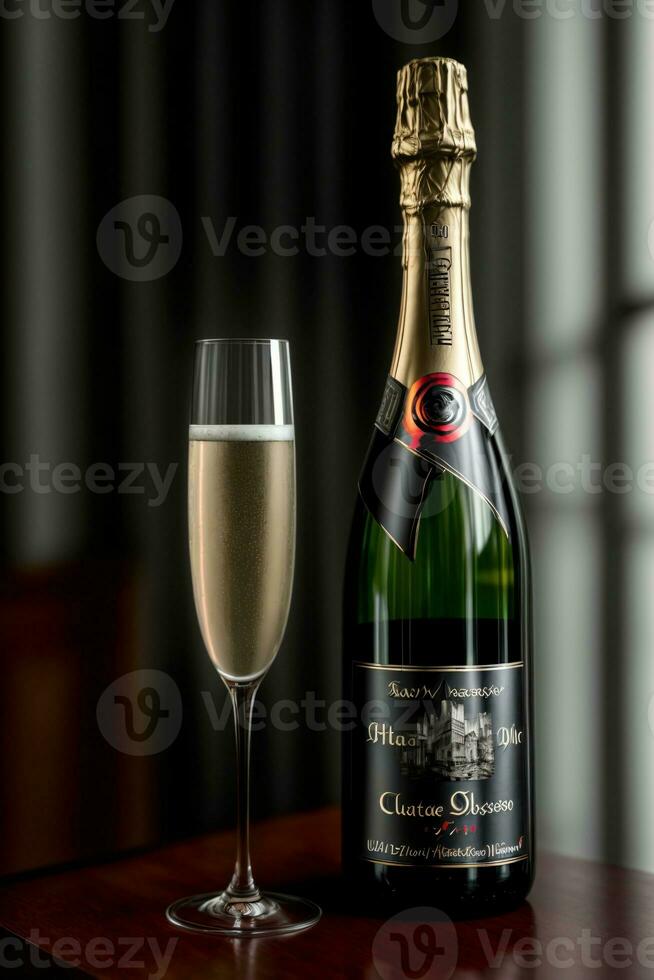 A Bottle Of Champagne Next To A Glass Of Wine. AI Generated photo