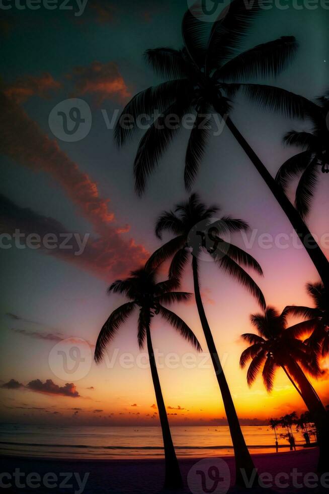 A Couple Of Palm Trees Sitting On Top Of A Beach. AI Generated photo