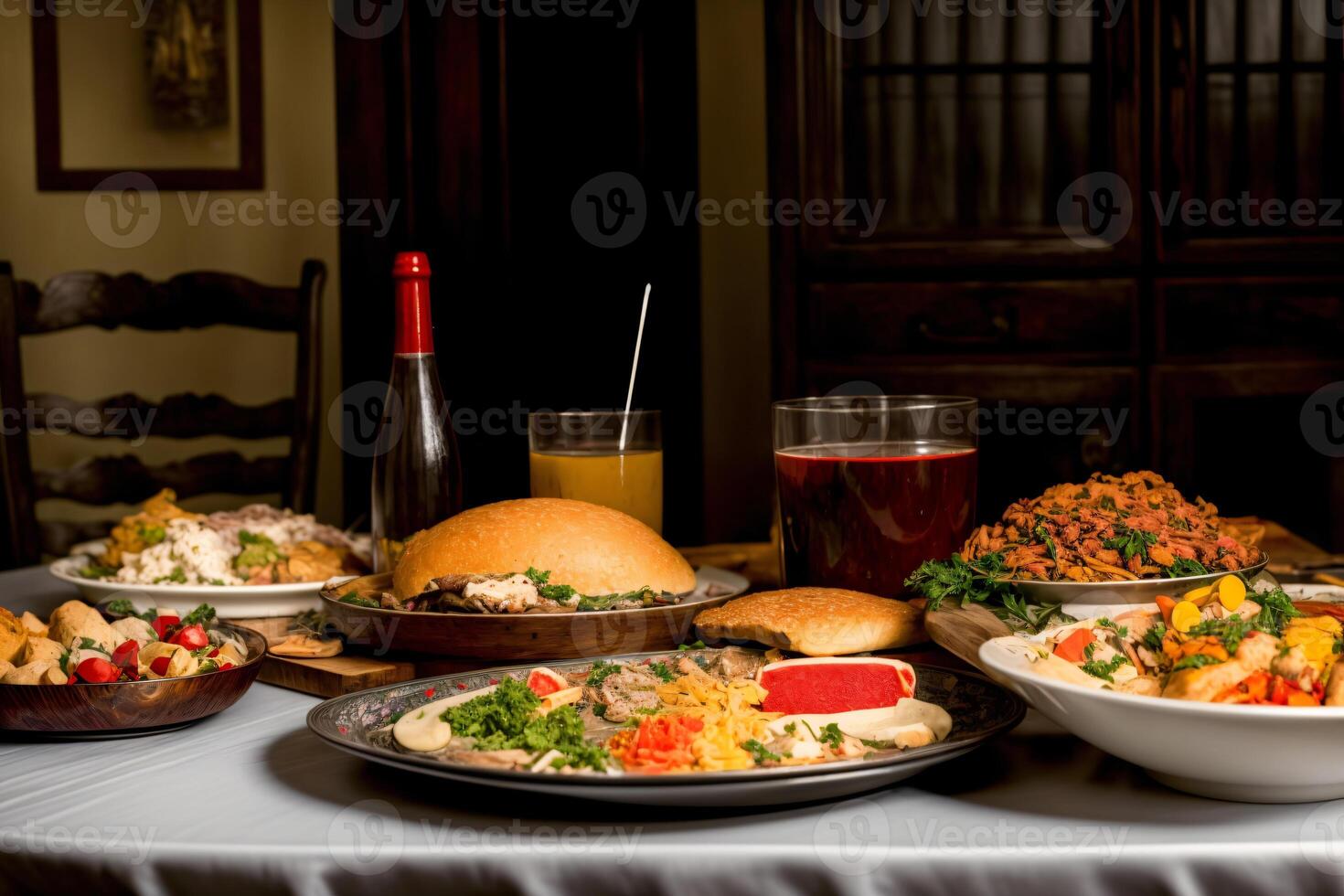 A Table Topped With Plates Of Food And A Bottle Of Wine. photo