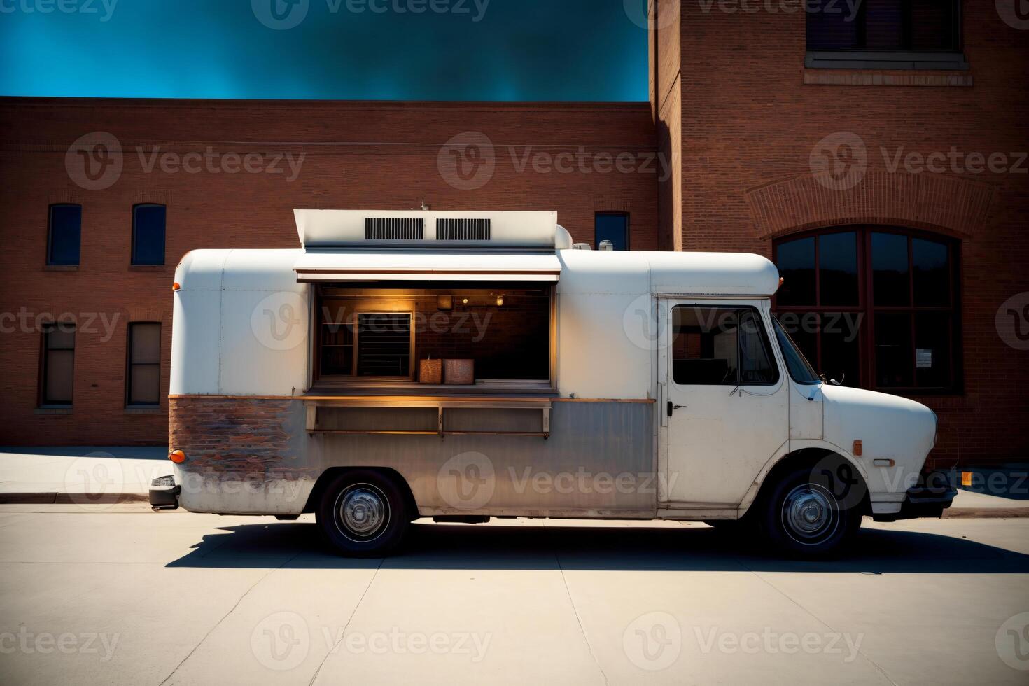 A Food Truck Parked In Front Of A Brick Building. AI Generated photo