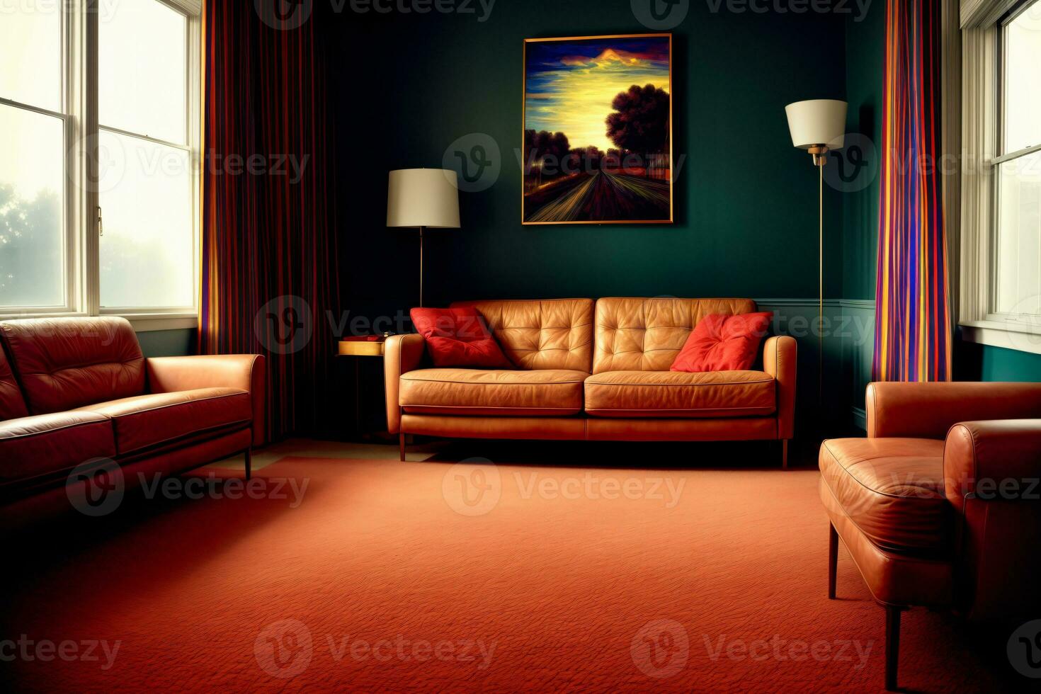 A Living Room Filled With Furniture And A Painting On The Wall. AI Generated photo