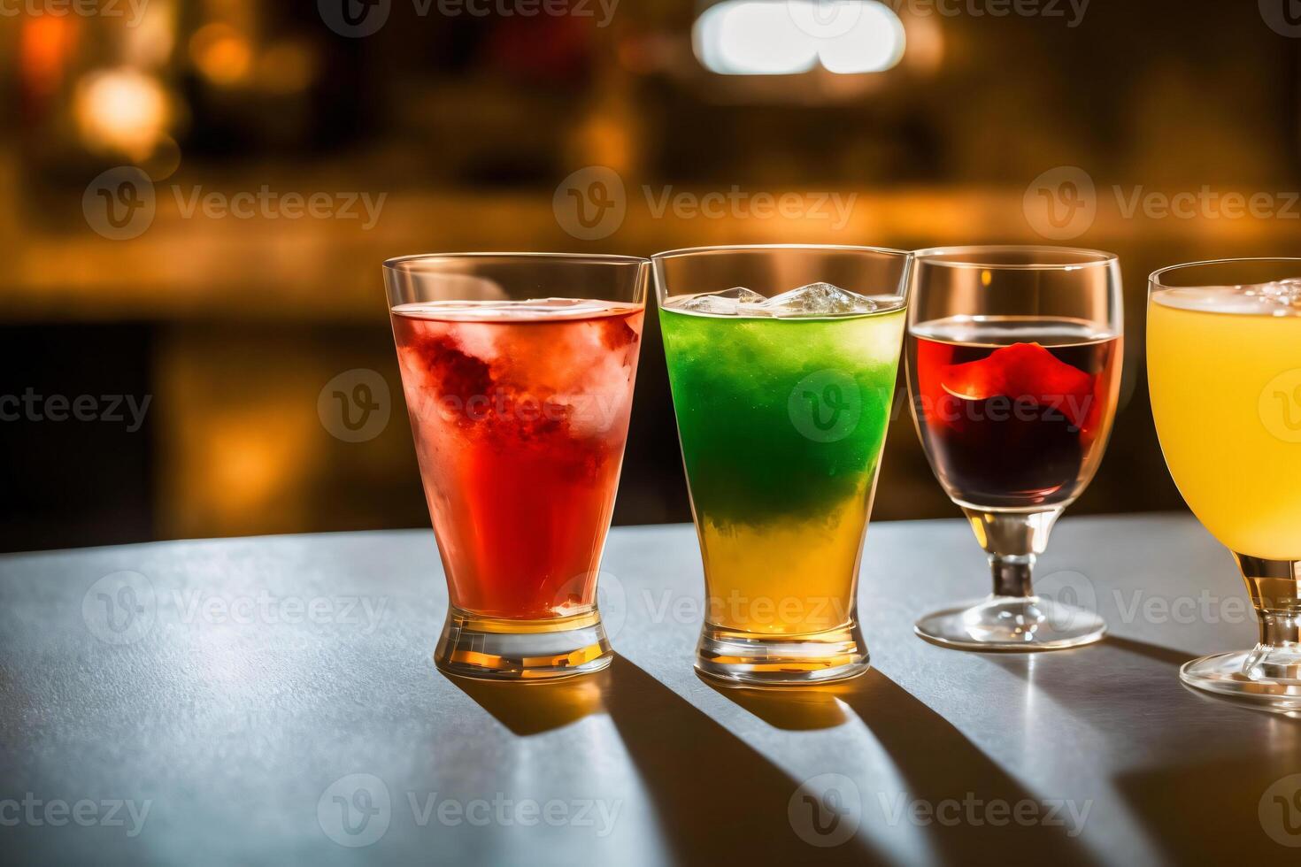 A Row Of Different Colored Drinks Sitting On Top Of A Table. AI Generated photo