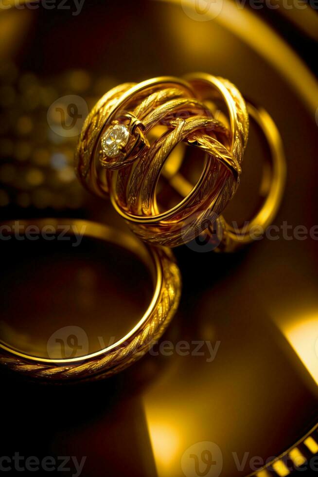 A Couple Of Gold Rings Sitting On Top Of A Table. AI Generated photo