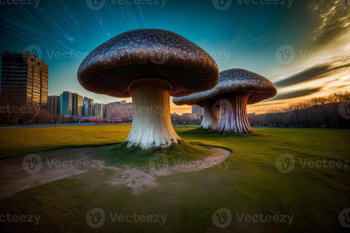 A Couple Of Large Mushrooms Sitting On Top Of A Lush Green Field. AI Generated photo