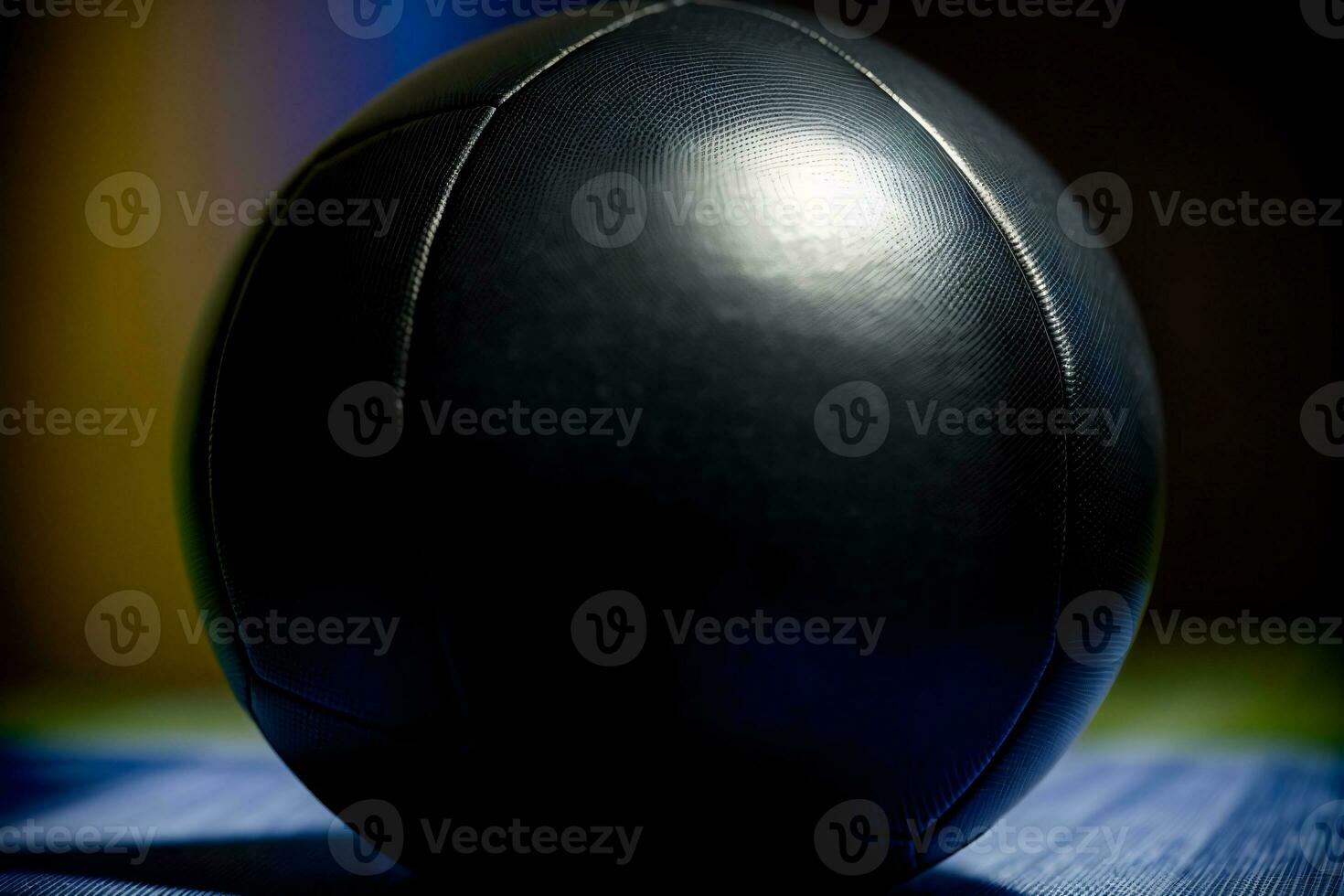 A Black Ball Sitting On Top Of A Wooden Table. AI Generated photo