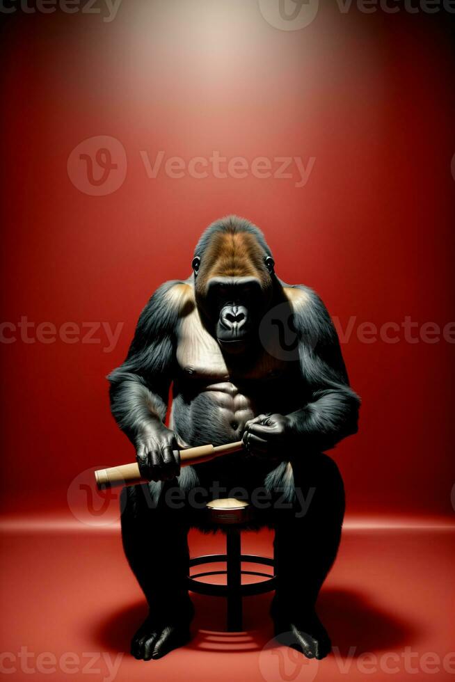 A Gorilla Sitting On A Stool Holding A Stick. AI Generated photo