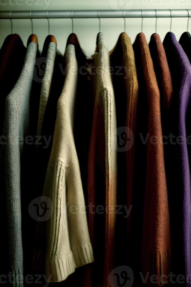 A Row Of Different Colored Sweaters Hanging On A Rack. AI Generated photo