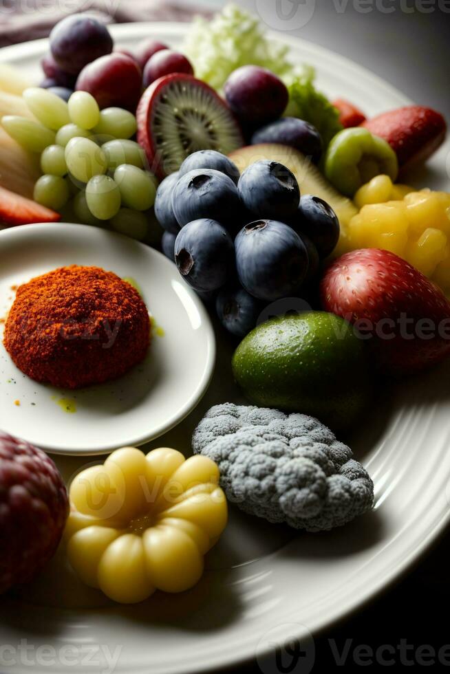 A White Plate Topped With Fruits And Vegetables. AI Generated photo