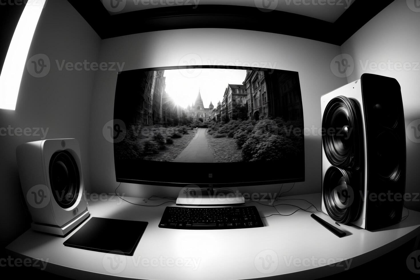 A Computer Monitor Sitting On Top Of A Desk. photo