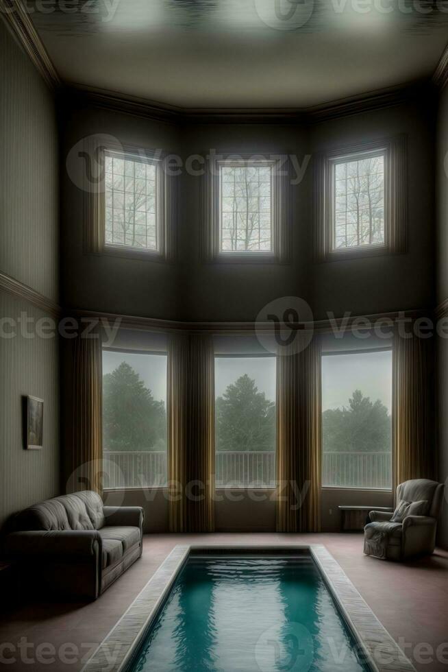 A Living Room With A Pool In The Middle Of It. AI Generated photo