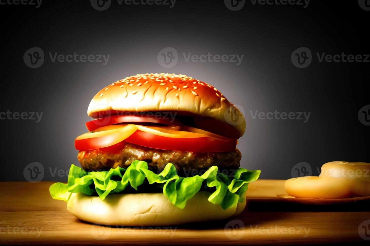 A Hamburger Sitting On Top Of A Wooden Table. photo