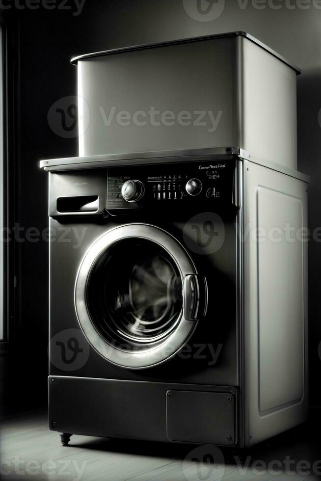 un negro y blanco foto de un Lavado máquina. ai generado
