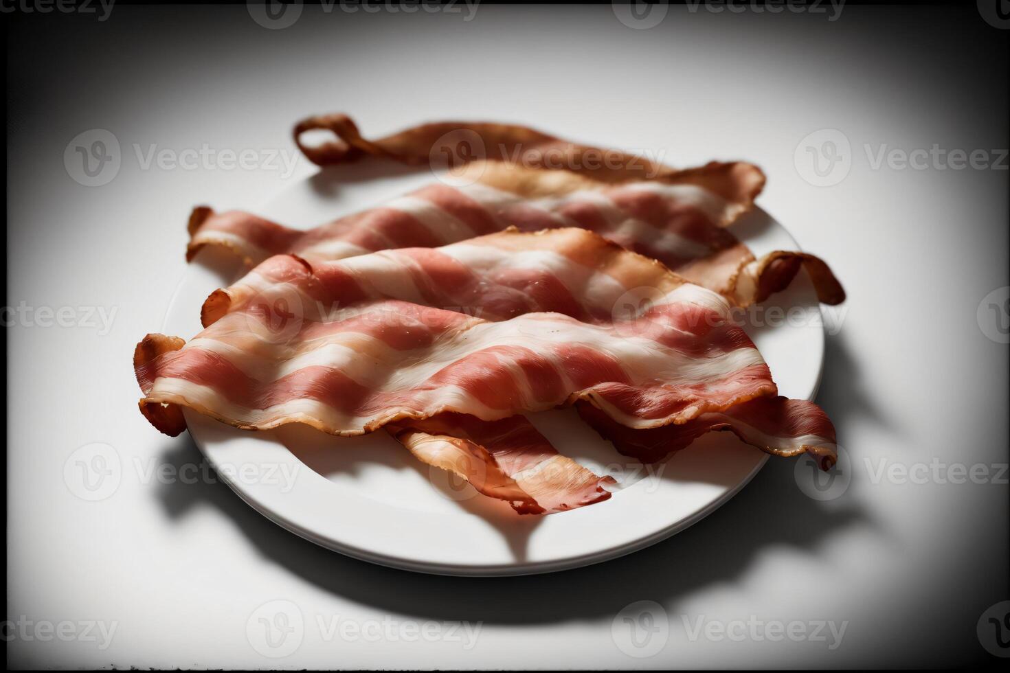 A White Plate Topped With Bacon Strips On Top Of A Table. AI Generated photo