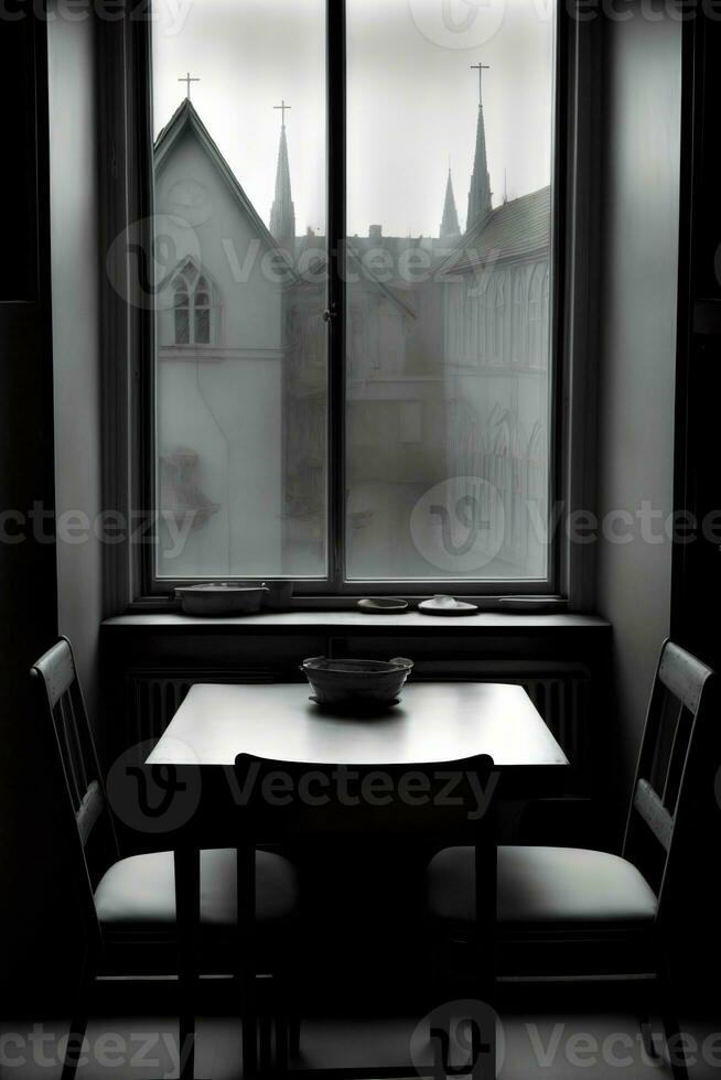 un negro y blanco foto de un mesa y sillas en frente de un ventana. ai generado