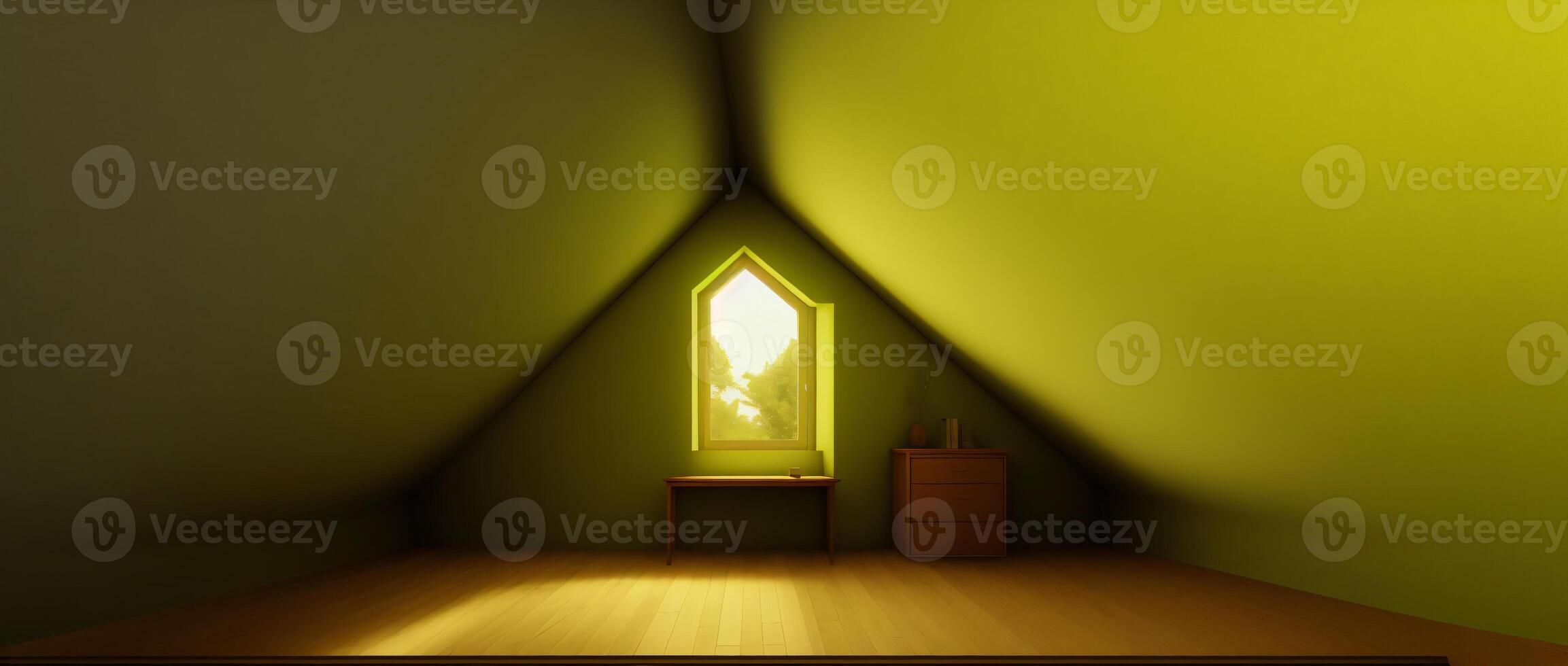 A Room With A Desk And A Window In It. photo