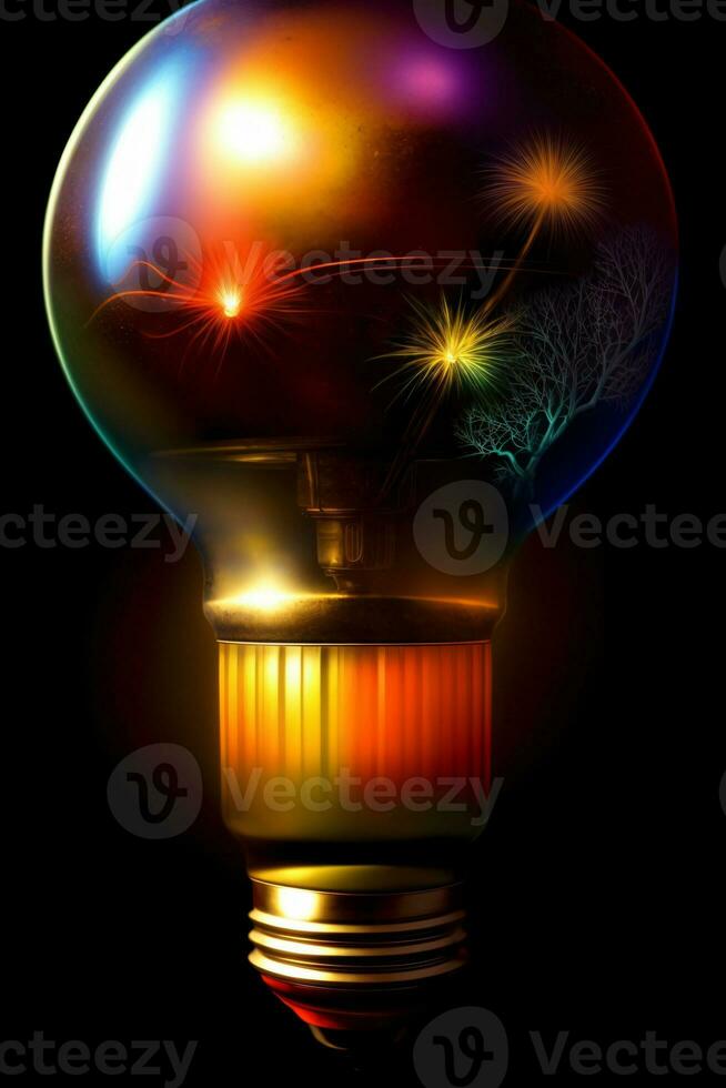 A Glowing Light Bulb On A Black Background. AI Generated photo