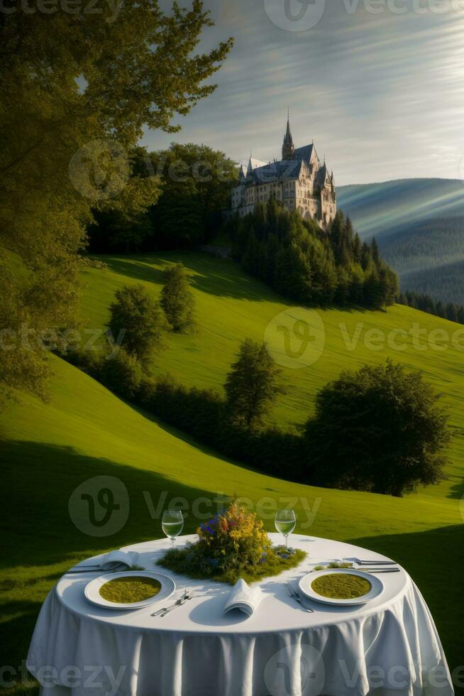 A Table With A White Table Cloth On It With A Castle In The Background. AI Generated photo