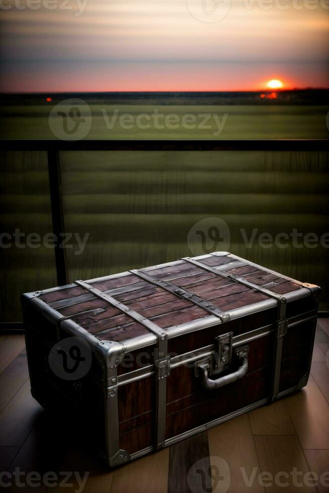 A Piece Of Luggage Sitting On Top Of A Hard Wood Floor. AI Generated photo