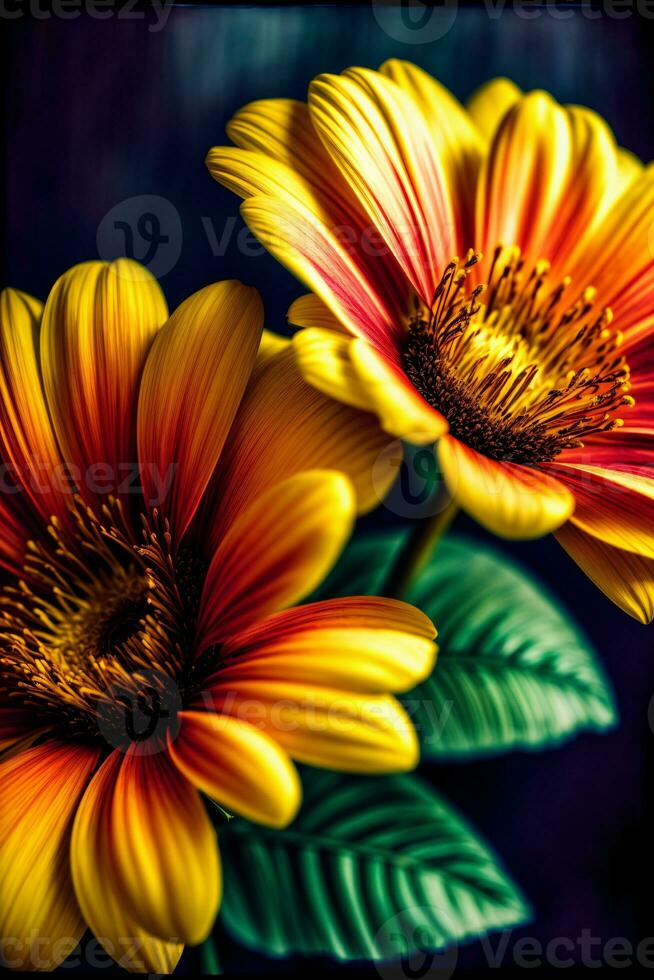 Two Yellow And Red Flowers With Green Leaves. AI Generated photo