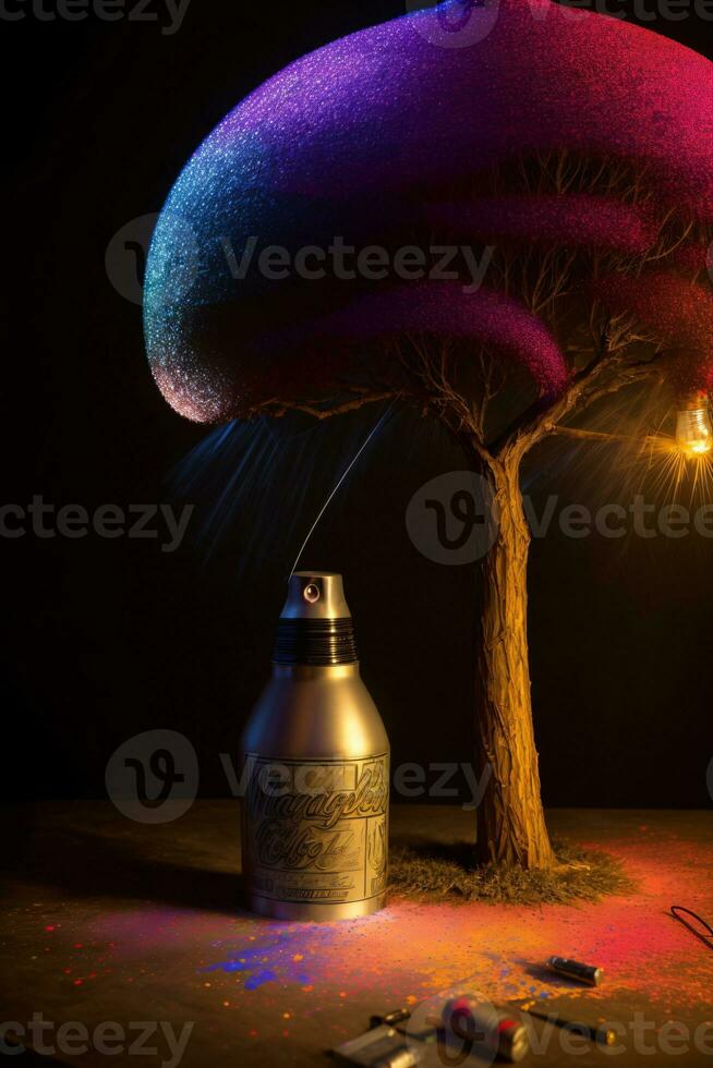 un árbol ese es siguiente a un botella en un mesa. ai generado foto