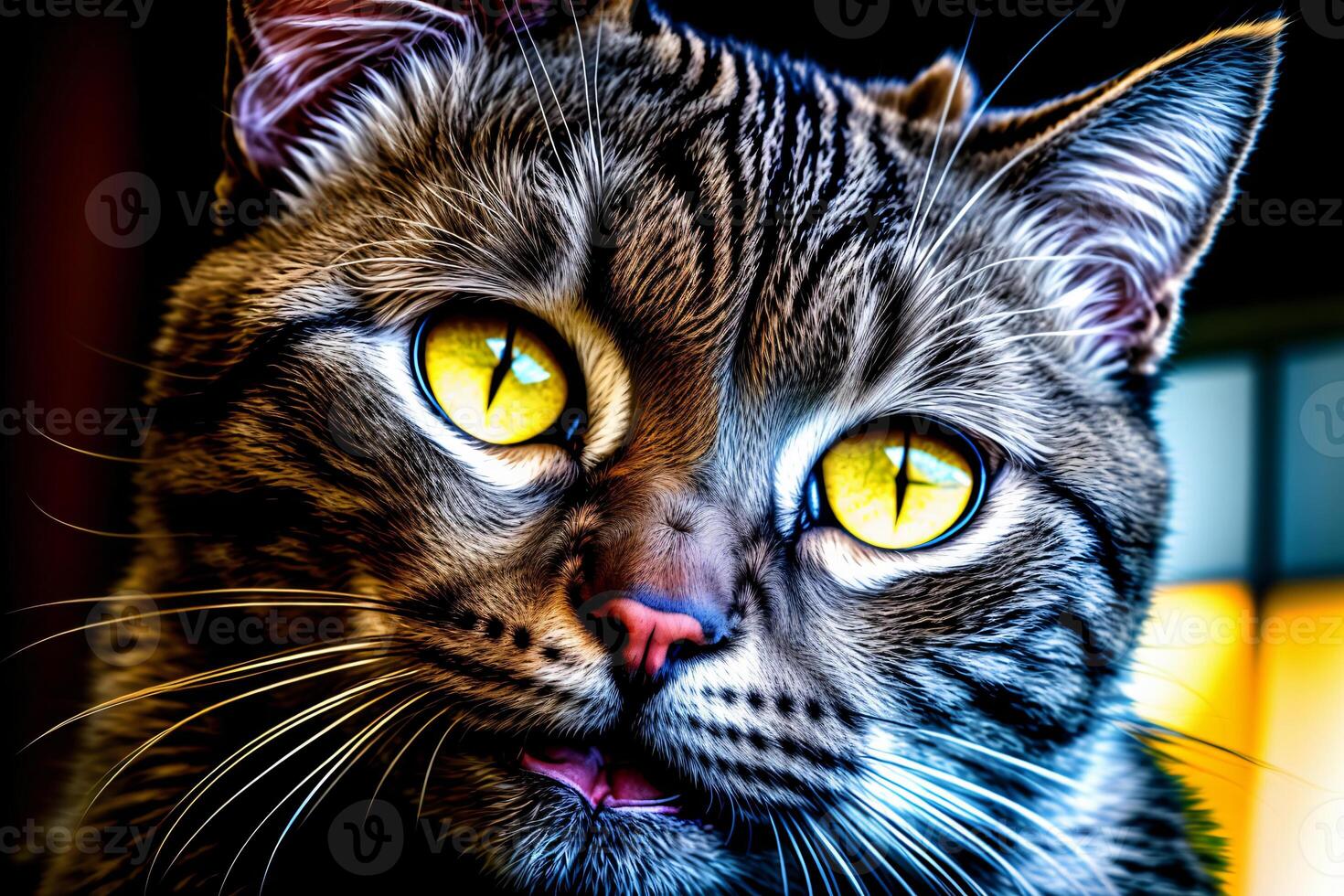 A Close Up Of A Cat With Yellow Eyes. photo