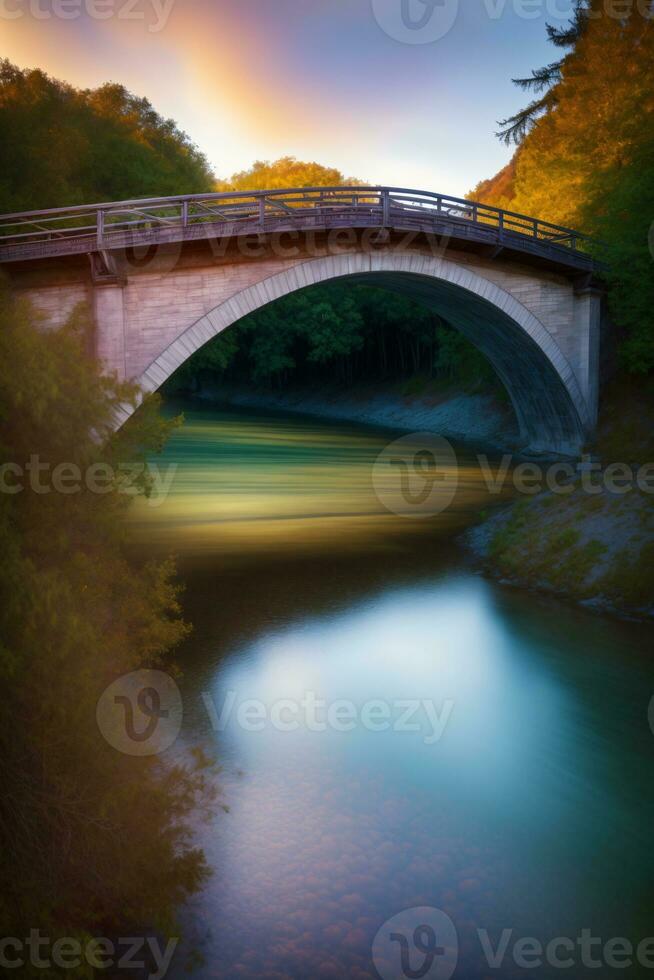 A Bridge Over A River Next To A Forest. AI Generated photo