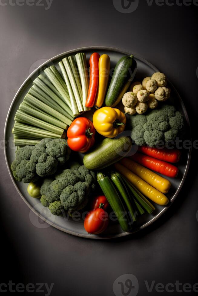 un plato lleno con un montón de diferente tipos de vegetales. ai generado foto