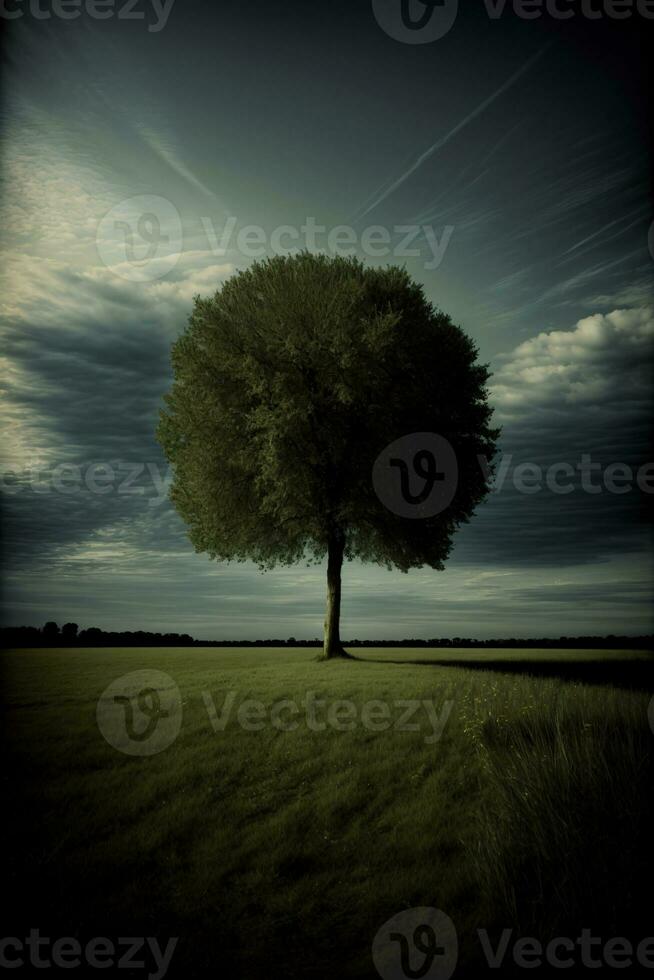 A Lone Tree In A Grassy Field Under A Cloudy Sky. AI Generated photo