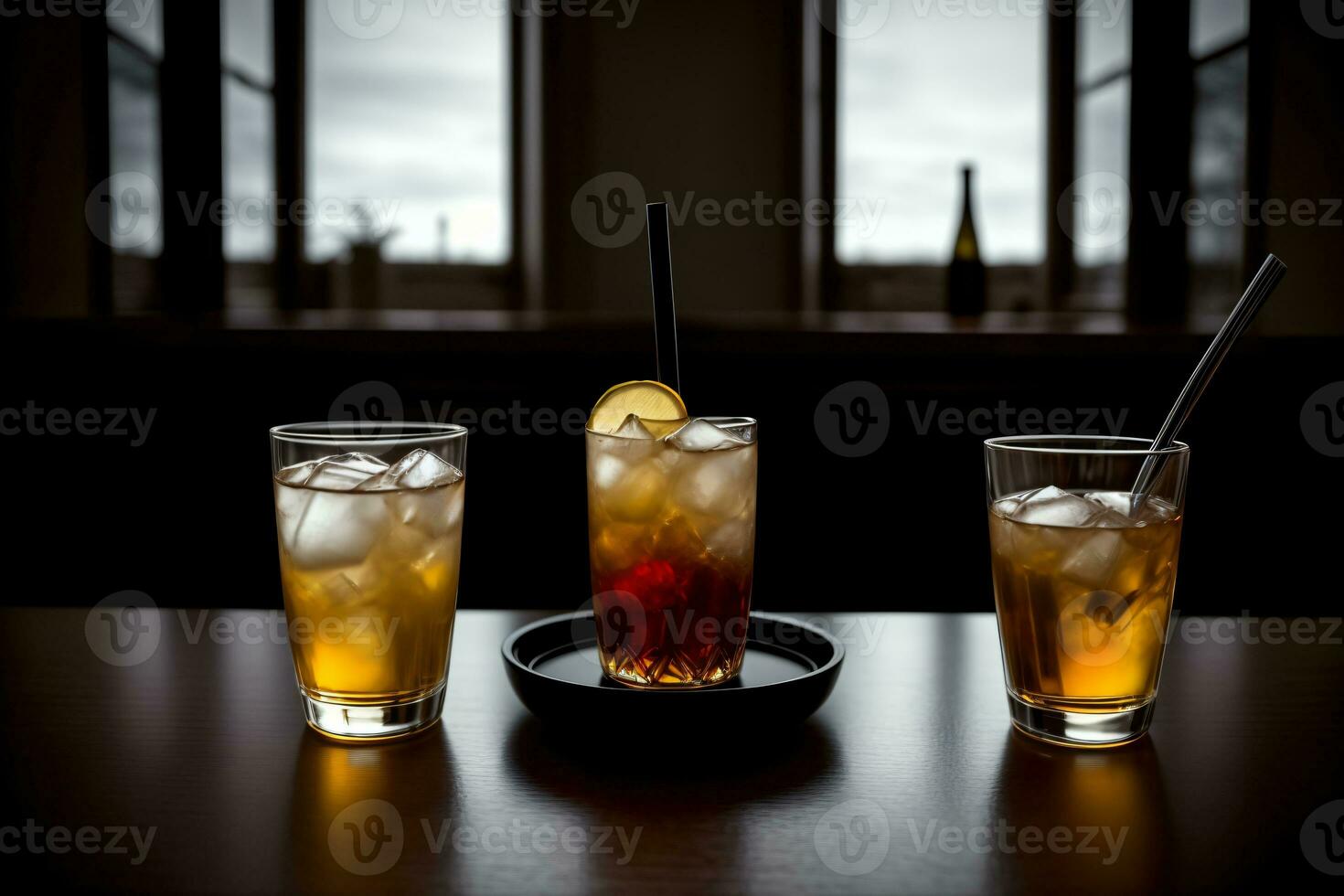 un Pareja de bebidas sentado en parte superior de un mesa. ai generado foto