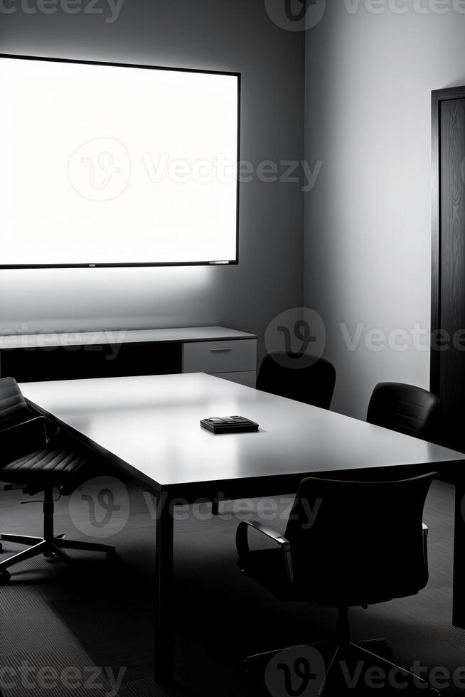 A Black And White Photo Of A Conference Room. AI Generated