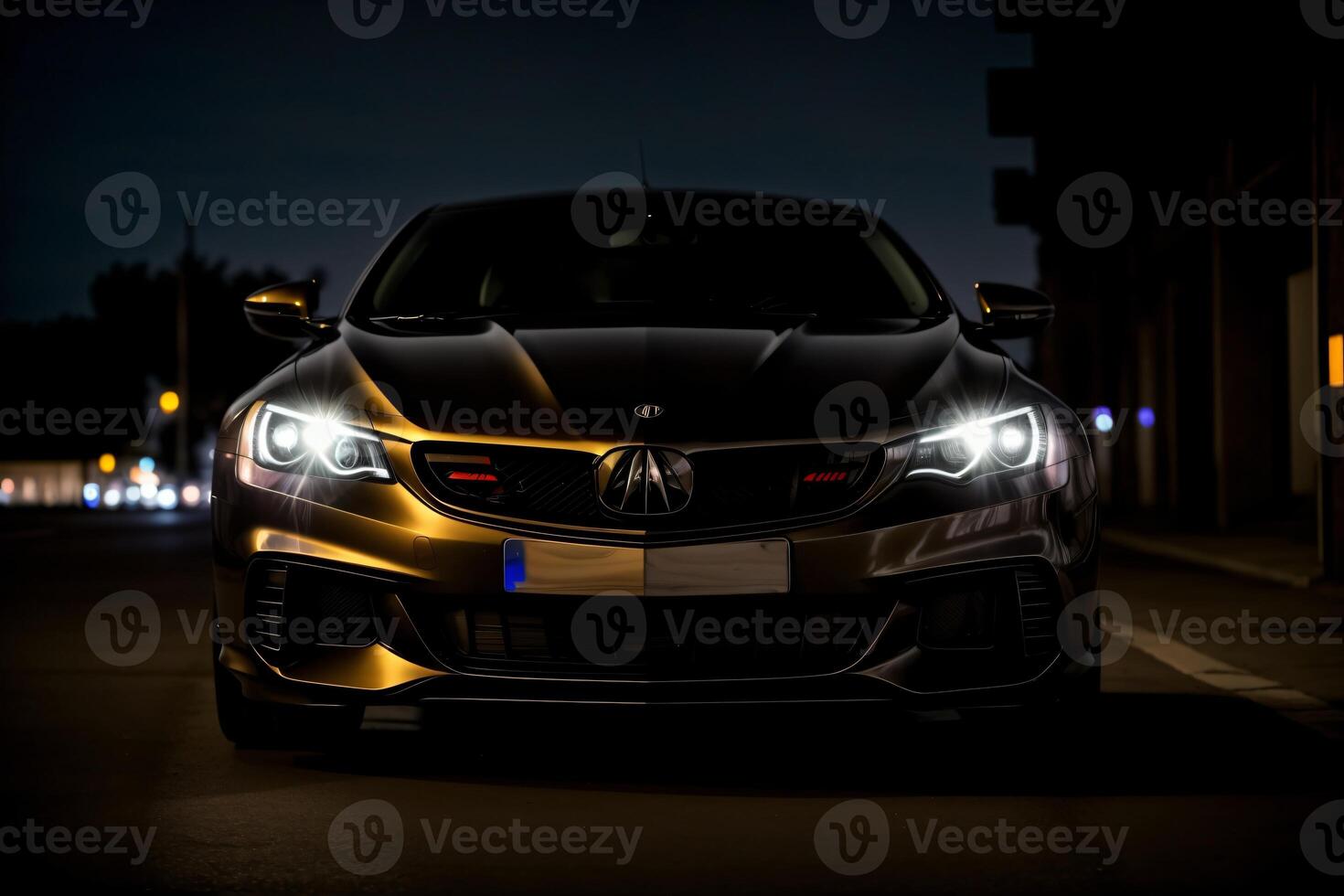 A Car Parked On The Side Of The Road At Night. photo