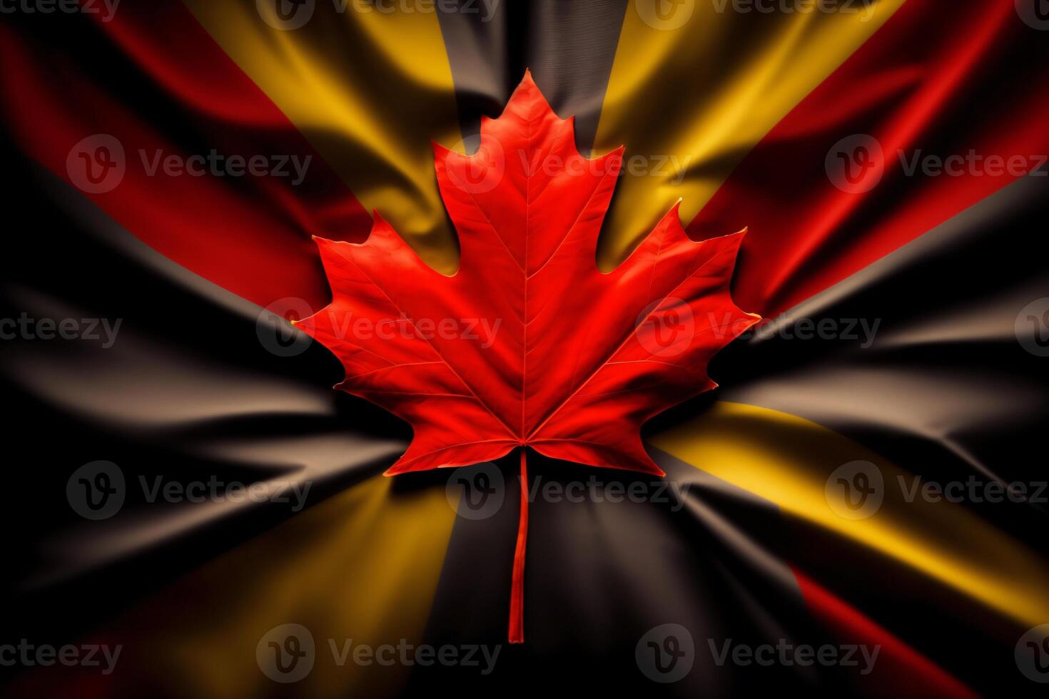 A Red Maple Leaf On A Black And Yellow Background. AI Generated photo