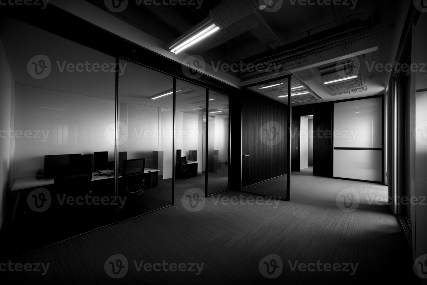A Black And White Photo Of An Empty Office.