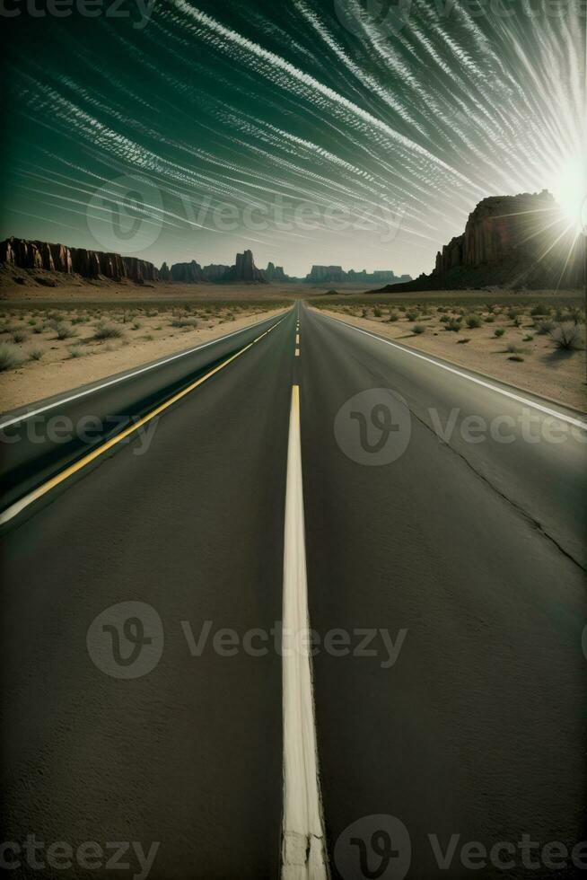 A Long Stretch Of Road In The Middle Of The Desert. AI Generated photo