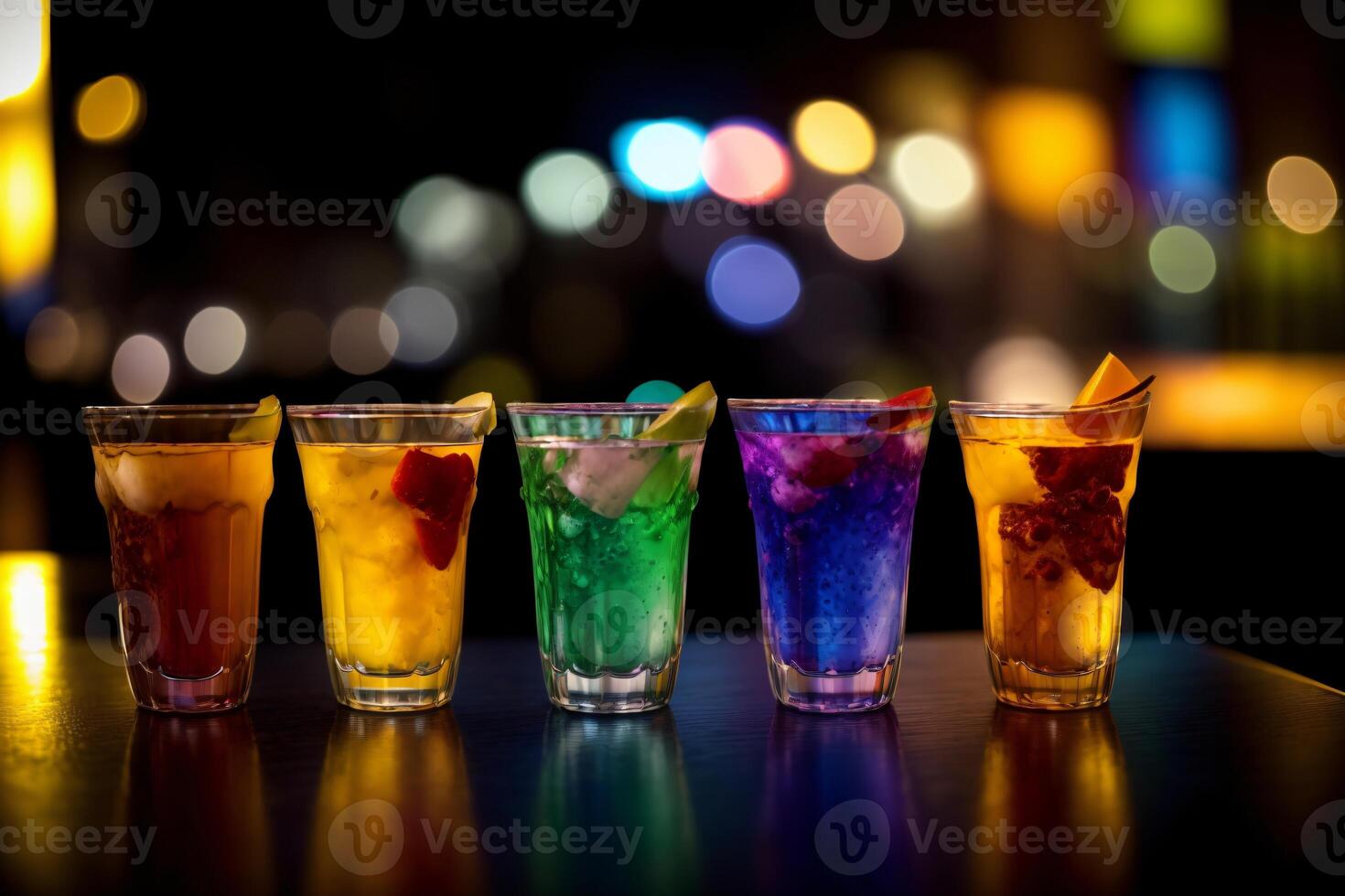 A Row Of Colorful Drinks Sitting On Top Of A Table. photo