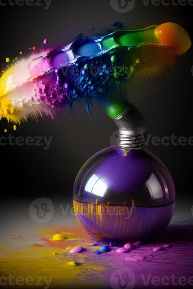 A Multicolored Brush Sitting On Top Of A Bottle Of Paint. photo