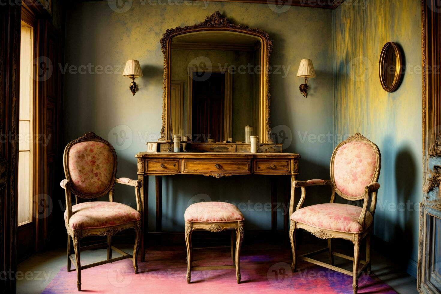 A Room With Two Chairs And A Table With A Mirror. AI Generated photo