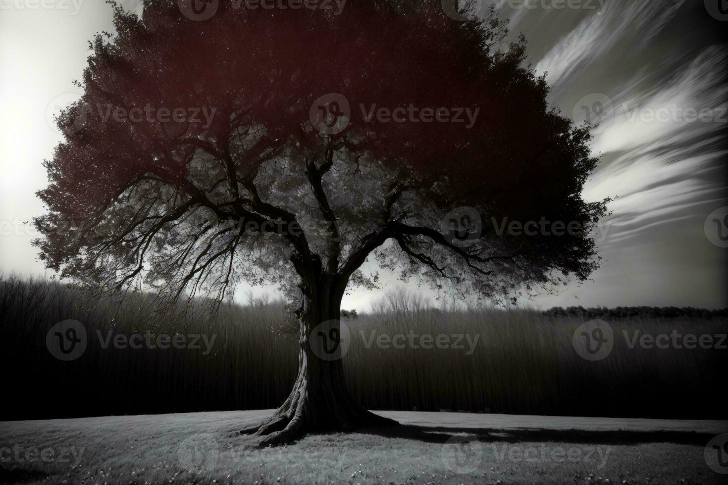 un negro y blanco foto de un grande árbol. ai generado