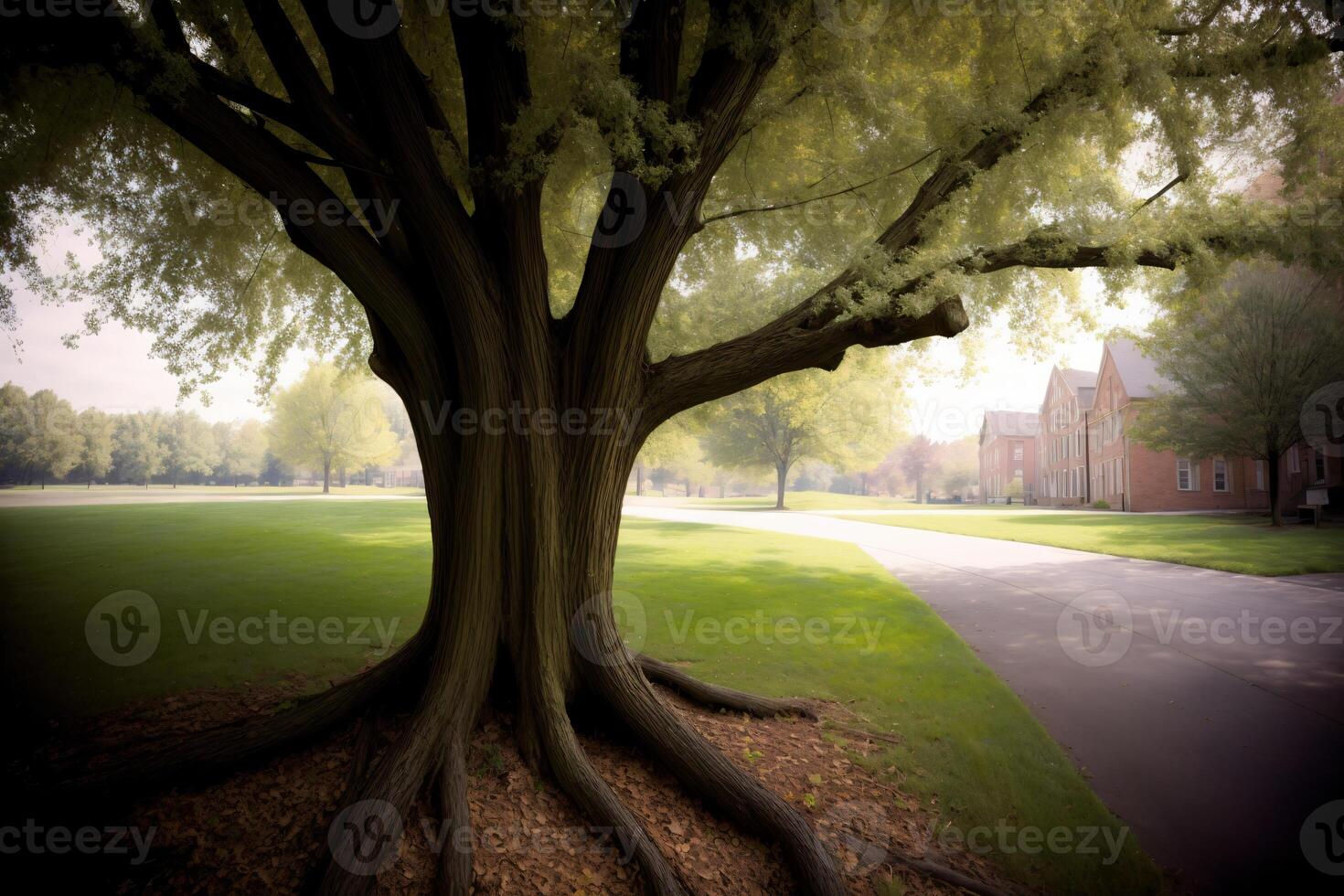 A Large Tree Sitting On Top Of A Lush Green Field. photo