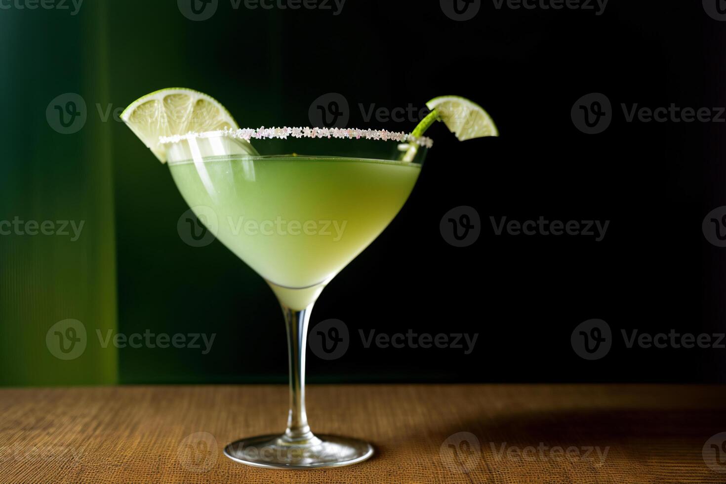 A Lime Margarita Sitting On Top Of A Wooden Table. AI Generated photo