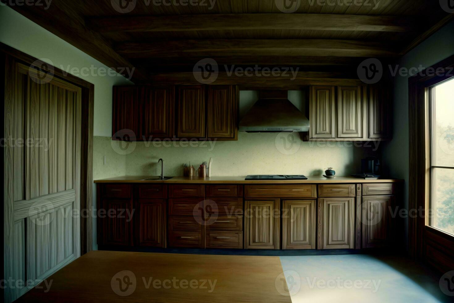 A Kitchen With Wooden Cabinets And A Window. AI Generated photo