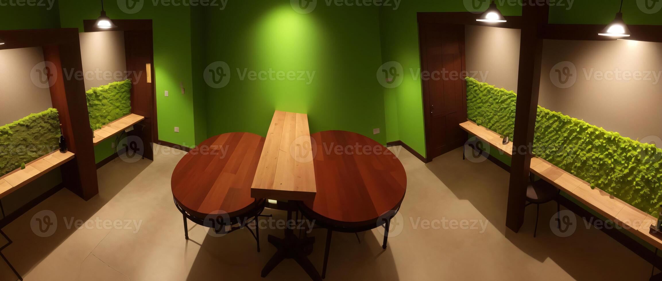 A Table And Benches In A Room With Green Walls. AI Generated photo