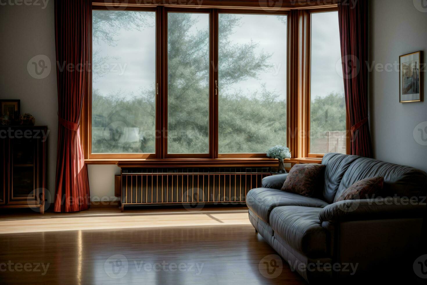 A Couch Sitting In A Living Room Next To A Window. AI Generated photo