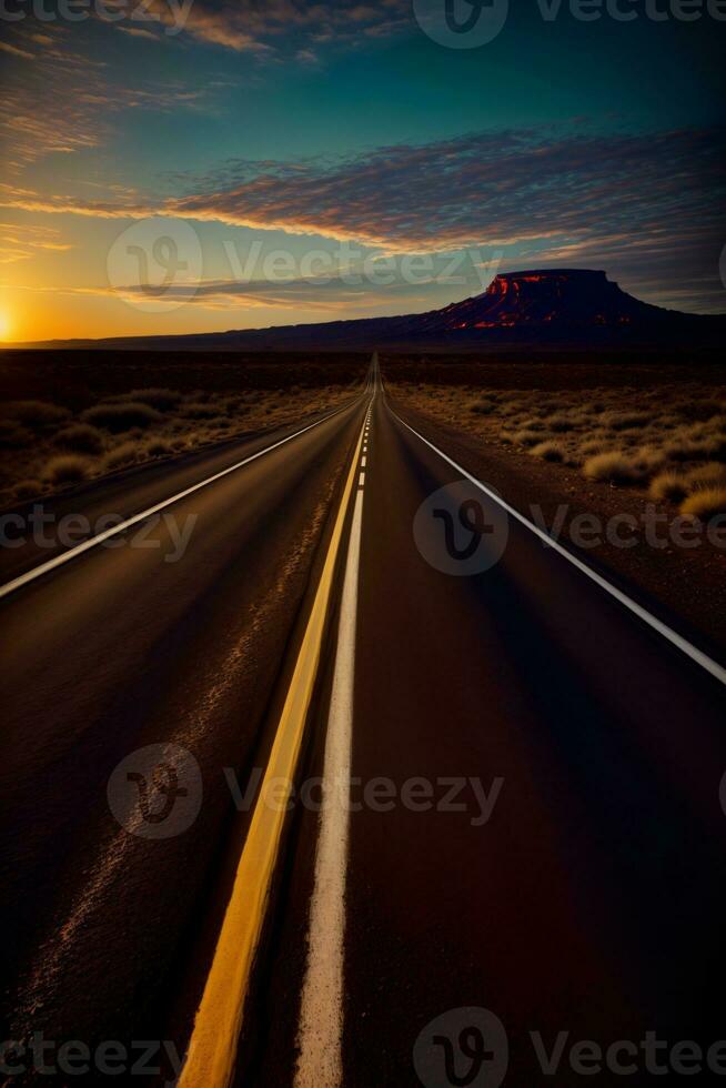 A Long Stretch Of Road With A Mountain In The Background. AI Generated photo