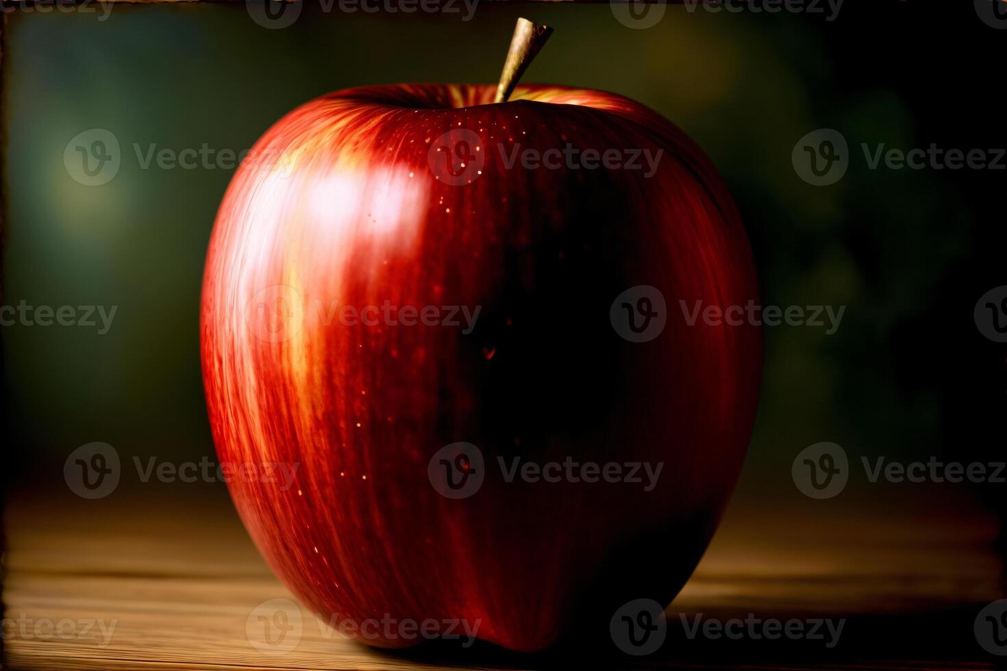 A Red Apple Sitting On Top Of A Wooden Table. photo
