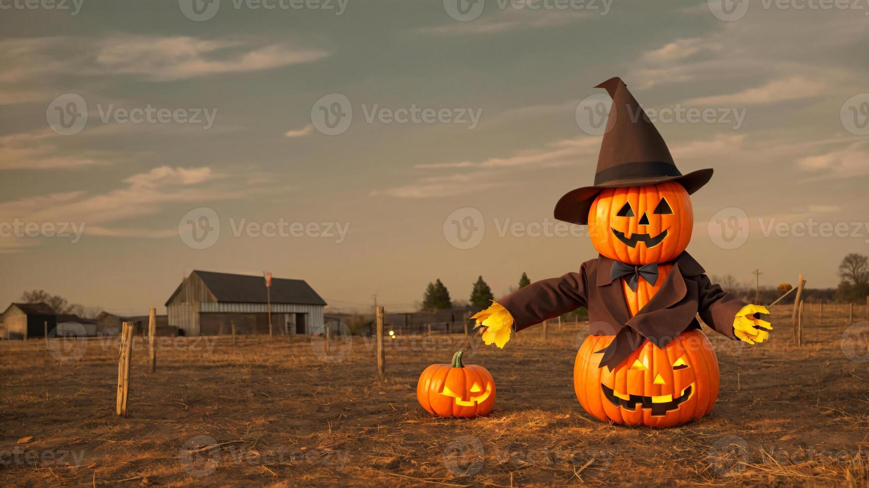 A Scarecrow Standing Next To Two Pumpkins In A Field. photo