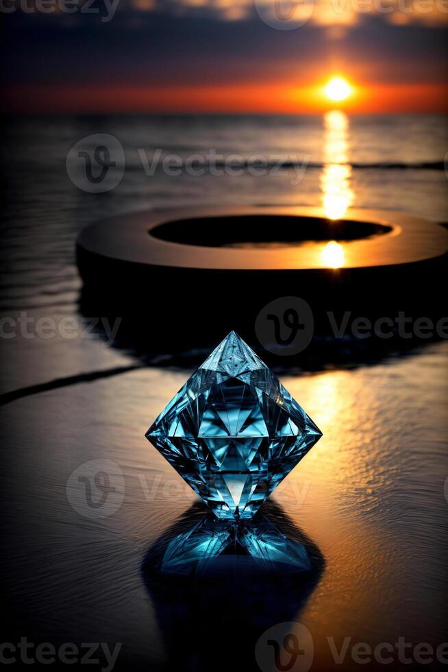 A Diamond Sitting On Top Of A Table Next To The Ocean. AI Generated photo