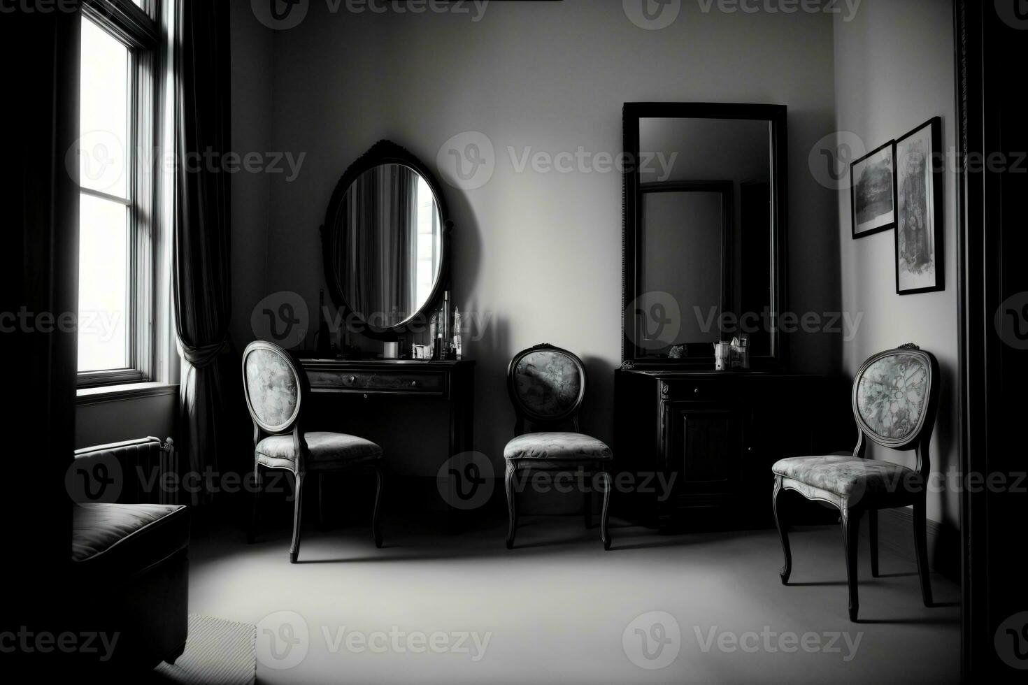 un negro y blanco foto de dos sillas y un espejo. ai generado