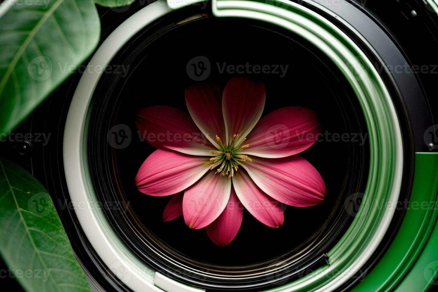 A Pink Flower With Green Leaves Surrounding It. AI Generated photo