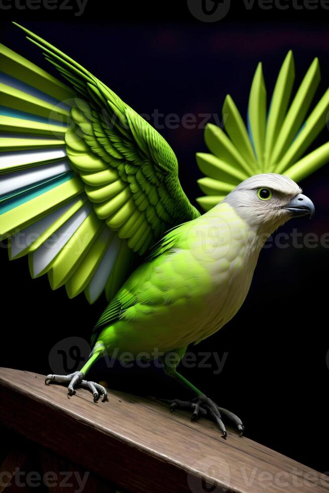A Green And White Bird With Its Wings Spread. photo
